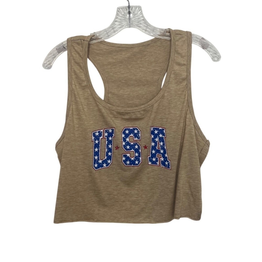 USA Graphic Crop Top Womens Large Beige New WOT Patriotic Festival